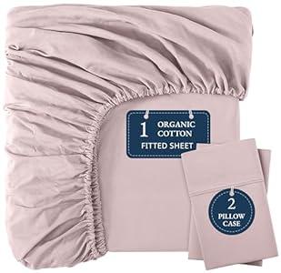 LANE LINEN Fitted Sheet King Size, 100% Organic Cotton, 3-Piece Set (1 Fitted Sheet, 2 Pillowcases), Percale Weave, Ultra Soft, Breathable, Fits Mattress Upto 15" Deep - Sepia Rose (No Flat Sheet)