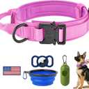 HYDEME Tactical Dog Collar Adjustable Nylon Collar with Control Handle and Heavy Metal Buckle for Medium and Large Dogs, with Patches&Airtags Case&Poop Bag Dispenser&Portable Bowl.(XL, Pink)