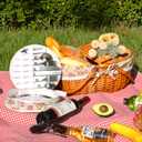 Wicker Picnic Basket with Handle, 15" Large Picnic Basket with Lid & Removable Liner, Vintage Hand Woven Basket with Cutlery Set for Picnics, Camping, Thanksgiving, and Birthday (4-person, Flower)