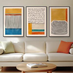 Framed Colorful Abstract Wall Art for Living Room, Large 3 Piece Mid-century Modern Canvas Prints Artwork for Walls, Bright Yellow Block Lines Paintings for Hallway Bedroom Wall Decor, 20x30 Inch