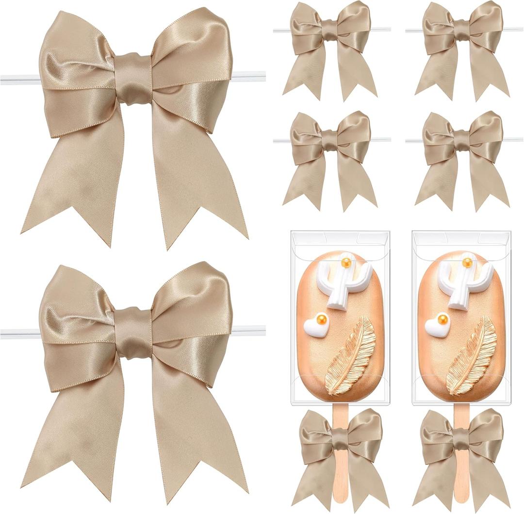 LIZLOVESS Champagne Gold Bows with Twist Ties 3.5 Inch Pre-Tied Double Satin Ribbon Bows for Gift Wrapping, Crafts, Wedding Decor, Treat Bags, Candy Apple, Christmas, Baby Shower (24 Pack)