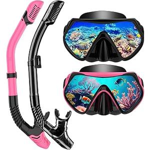 Snorkel Set Adults Snorkeling Gear Anti-Fog Panoramic View Swim Mask Dry Top Snorkel Kit with Carry Bag for Snorkeling Scuba Diving Swimming Travel