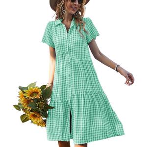chouyatou Women's Summer Flutter Sleeve Midi Long Gingham Dress Plaid Button Down Shirt Dress (Green, XL)