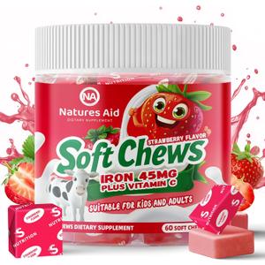 Chewable Iron Supplement for Women & Men and Kids - Strawberry Flavor, Iron Vitamin C Soft Chew for Max Absorption, Iron as Ferrous Fumarate, Ideal for Iron Deficiency, 2 Month Supply