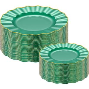 60pcs Green Plastic Plates with Gold Rim, Clear and Gold Plate, Green Diposable Plates Include 30 Dinner & 30 Dessert Plate for Party Wedding