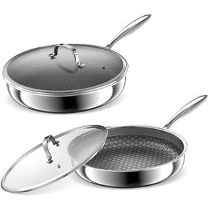 Hybrid Non Stick Frying Pans 2 Piece set, Stainless Steel Frying Pans with Tempered Glass Lid, 8" 10" 5 Ply Induction Cookware, Dishwasher-Friendly, Oven-Safe Up to 800F, Compatible with All Cooktops