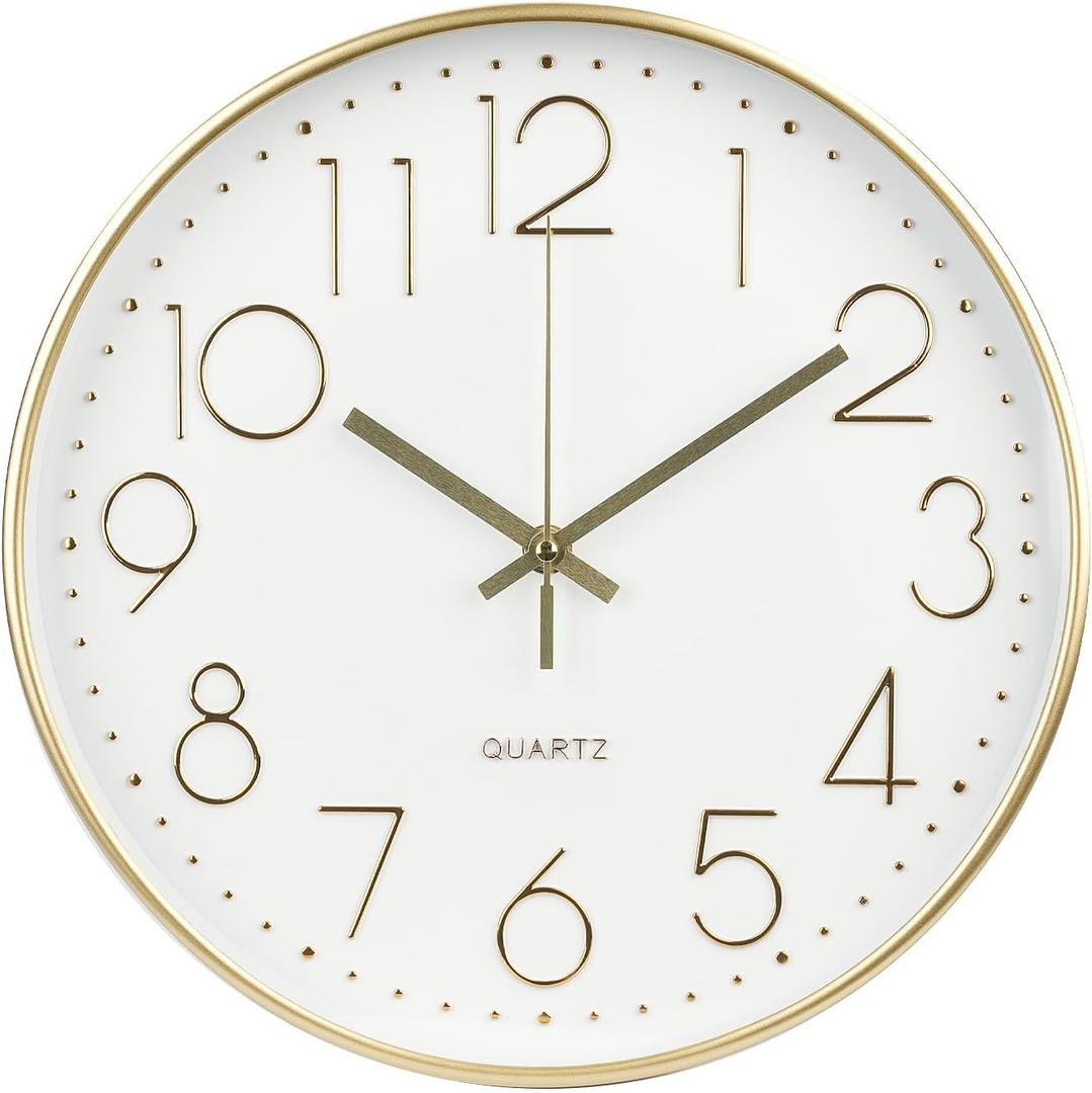 bakbrand Wall Clock 12 Inch Non-Ticking Silent Modern Simple Style Round Decor Clock Gold Stereoscopic Dial Quartz Wall Clocks for Home/Office/School/Living Room/Bedroom/Kitchen