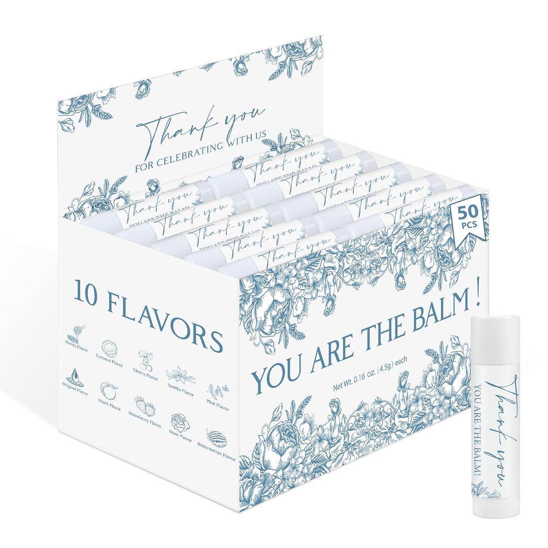 50 Pack Moisturizing Lip Balms in Bulk Blue Flower Wedding Gifts Reception Ideas Party Favors Thank You For Celebrating With Us Baby Shower Birthday Gift You Are The Balm Beeswax Something Blue