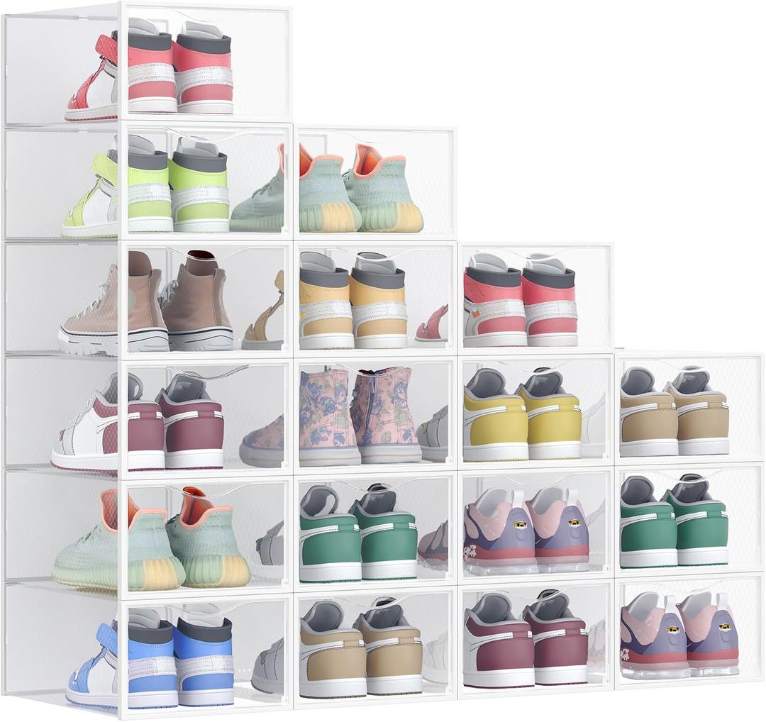 SONGMICS Stackable Shoe Boxes, Set of 18 Plastic Shoe Organizers with Door, Transparent, Easy Assembly, 9.1 x 13.1 x 5.6 Inches, for Shoes up to US Size 9, Transparent and Cloud White ULSP318W01