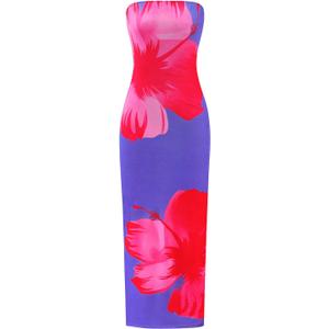 PRETTYGARDEN Strapless Bodycon Summer Dresses for Women 2026 Floral Mesh Tube Top Long Party Cocktail Dress Slit Side (XXL)