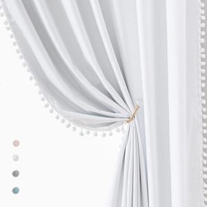 Treatmentex White Blackout Curtains for Living Room Bedroom 84inch Long Pom Pom Curtain Panels for Windows Thermal Insulated Curtains for Kids Nursery Room Rod Pocket 52" W x 2pcs