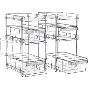 Clear Bathroom Organizers 2 Sets 3 Tier, Pull Out Organizer and Storage with 2 Cups, Slide Out Drawer Storage Container with 6 Dividers, MultiPurpose Bathroom Organizer, Kitchen Under Sink Organizer