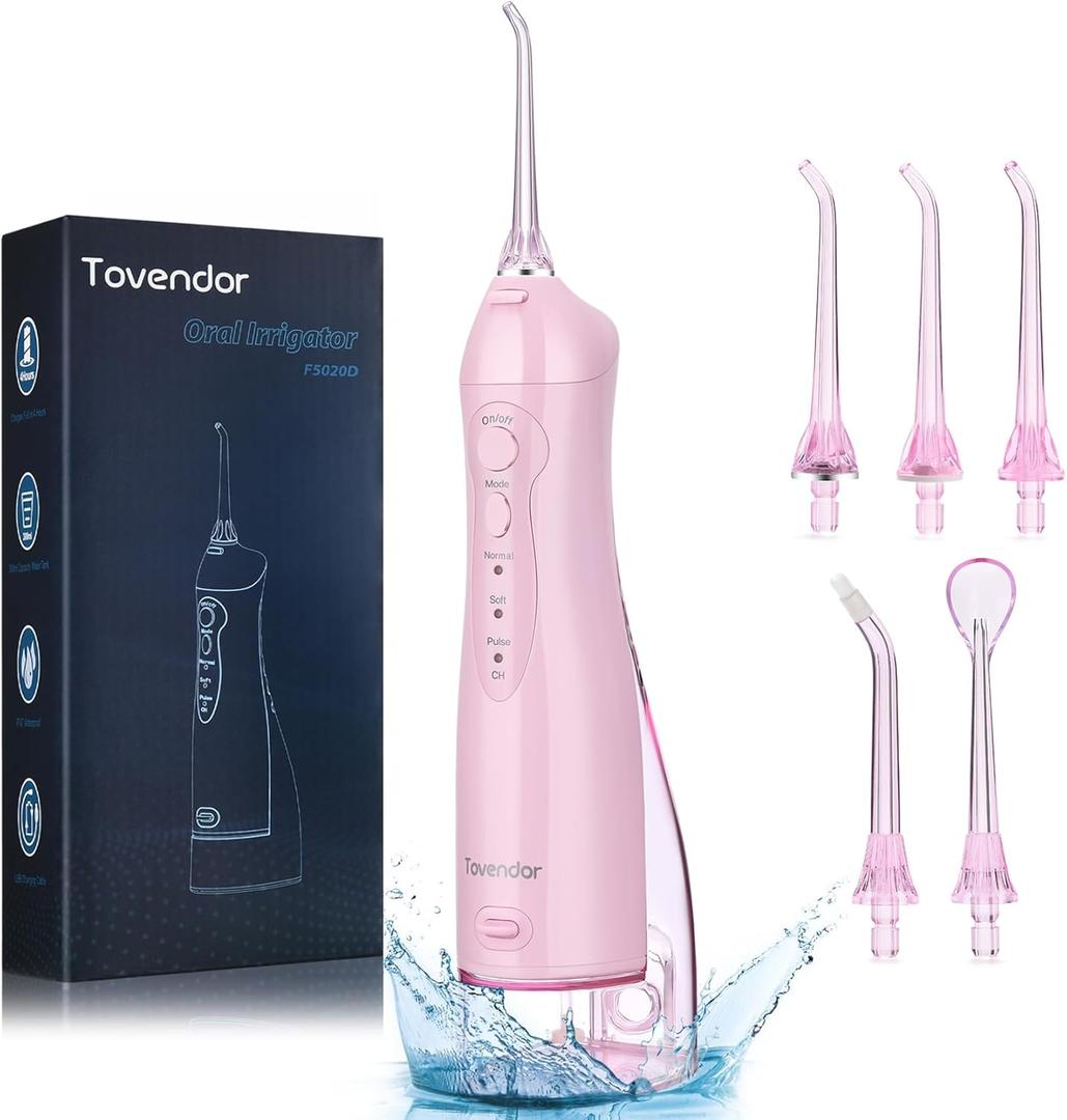 TOVENDOR Electric Water Flosser, Cordless Rechargeable Dental Oral Irrigator IPX7 Waterproof 300ML Travel Water Teeth Cleaner with 5 Tips for Braces Care Teeth Gums Cleaning, Home Office Daily Use (Pink)
