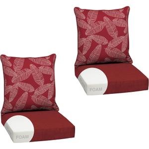 Arden Outdoor Foam Deep Seat Cushion Set, 2-Pack, 24x24, Premium High-Density Foam, Never Flattens, Weather-Proof for Patio Chair Sofa Couch, Red Leaf Palm