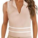 Saodimallsu Womens Sleeveless Cropped Sweater Vest V Neck Collared Color Block Y2k Crop Tank Top Summer Polo Shirts, Large, Apricot 