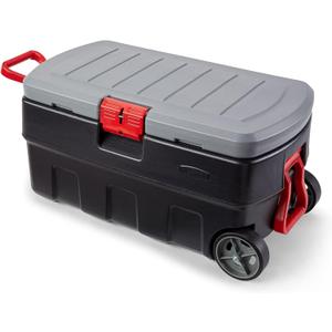 Rubbermaid ActionPacker 35 Gallon, Made in USA, Lockable Plastic Storage Bin with Lid and Wheels- Outdoor, Industrial, Rugged, Camping Gear and Truck Bed Storage - Gray and Black