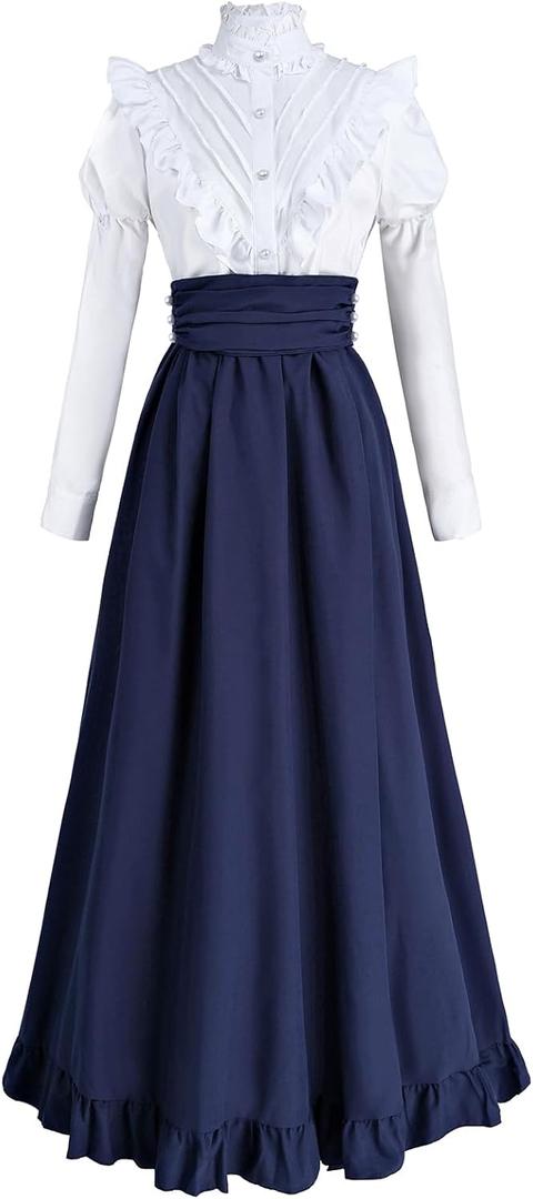CR ROLECOS Victorian Dress for Women 2-Piece 1800s Civil War Edwardian Dresses Ruffled Renaissance Costume Ball Gown (White, M)