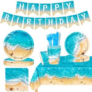 Beach Party Decorations for 24 Guests 194 PCS Beach Birthday Party Supplies with Plates, Cups, Napkins, Cutlery, Tablecloth & Happy Birthday Banner, Summer Beach Theme Party Decor