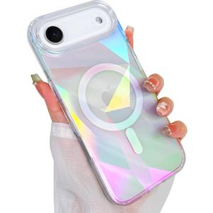Cute Case for iPhone Air Case for Women Girls [ Compatible with Magsafe ] Clear Glitter Girly Aesthetic Rainbow Sparkly Bling Magnetic Phone Cover, Iridescent Geometry