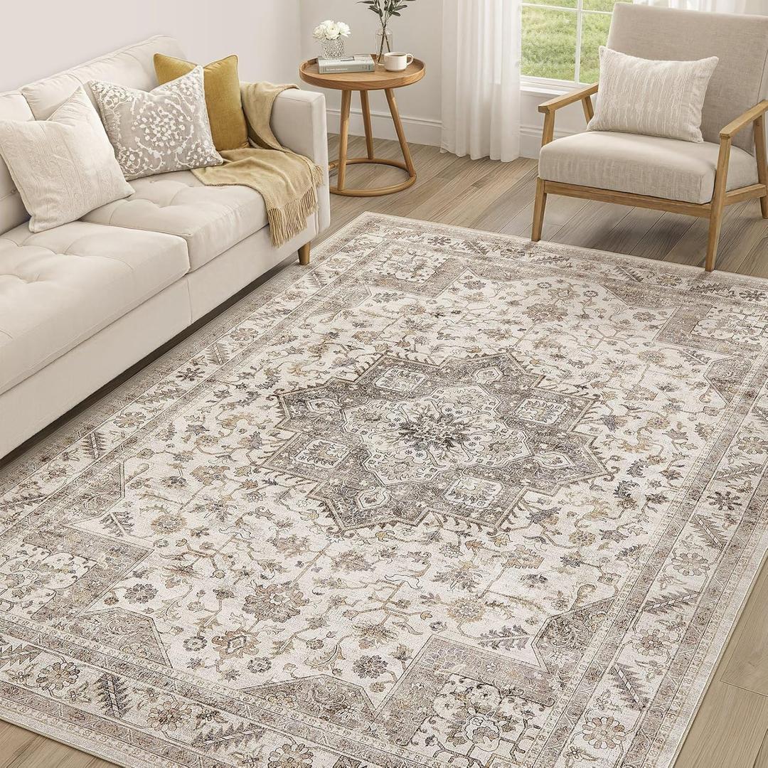 Vintage Living Room Area Rug 7x9 - Large Soft Washable Oriental Traditional Distressed Farmhouse Rugs for Bedroom - Indoor Floor Accent Carpet for Home Office House Decor - Light Brown