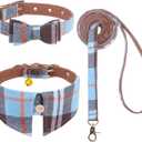 EXPAWLORER Puppy Collar and Leash Set - Classic Plaid Small Dog Collar with Bow Tie, 360 Swivel No Tangle Dog Leash, Adjustable Dog Collar for Small Medium Dogs Cats, Sky Blue S