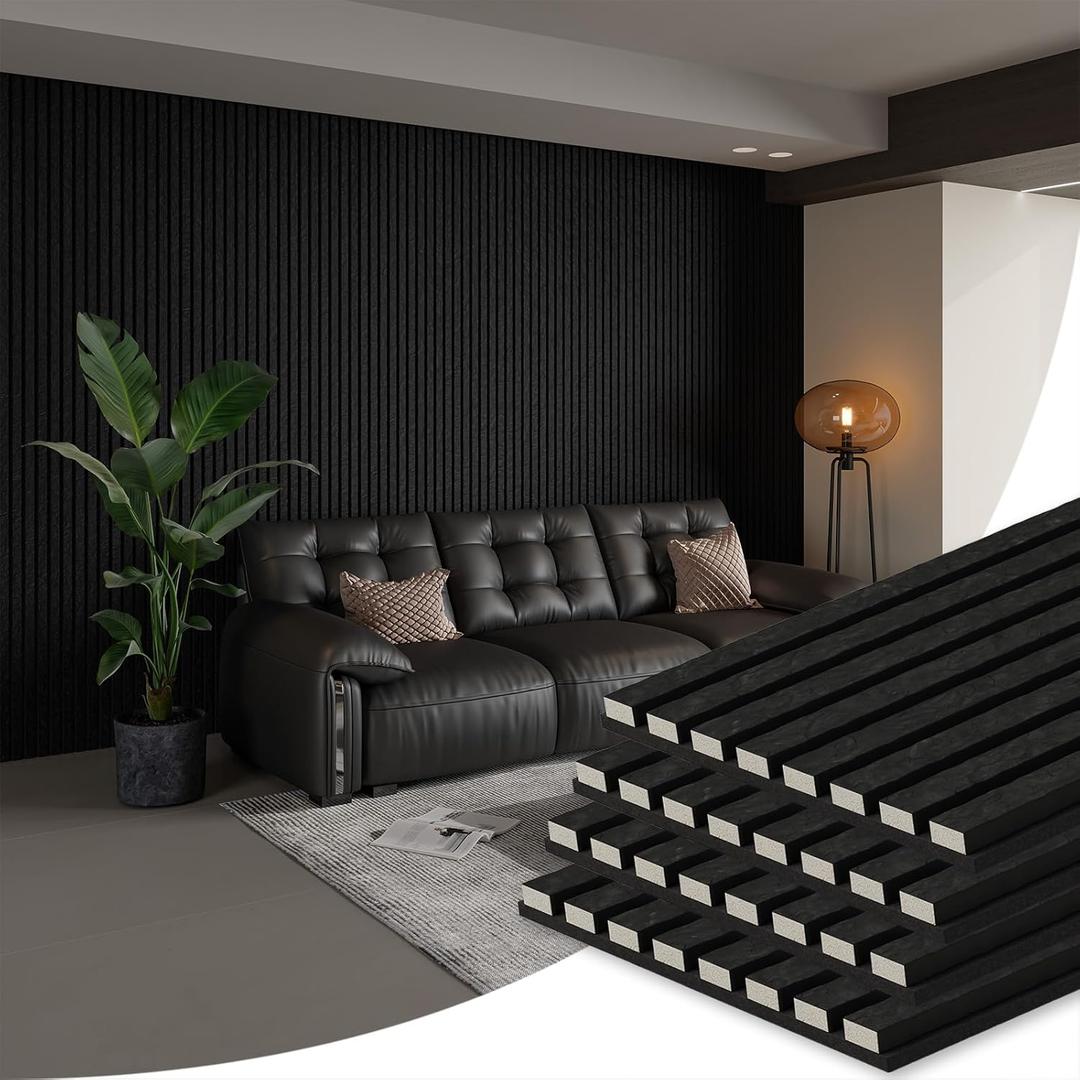 SMARTSTANDARD Acoustic Wall Panels, 4 Piece 106" x 12.6" Soundproof Slat Wall Paneling for Interior Wall Decor, 3D Fluted Acoustic Wall Panel, Black