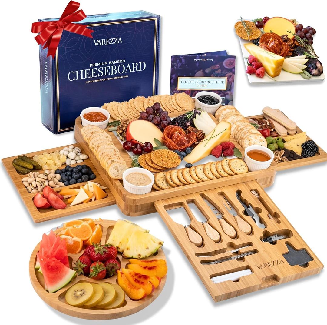 Extra Large Charcuterie Boards Gift Set: Marble Bamboo Cheese Board Set- Unique Mothers Day Gifts for Mom, 23 Entertaining Accessories, Wedding Gifts for Couple, House Warming Gifts New Home