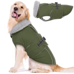 Lelepet Warm Dog Coat Reflective Fleece Vest Waterproof Dog Jacket with Adjustable Buckle Hook & Loop Windproof Cold Weather Coats, Army Green, XL