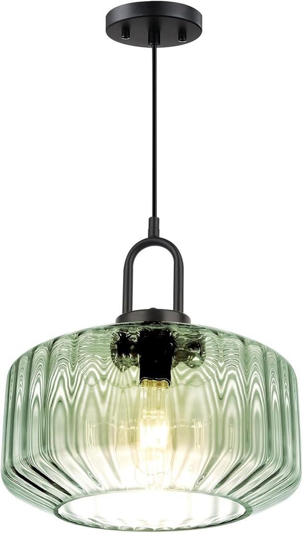 Modern Hanging Lights 1 Light Green Pendant Light Fixtures Mid Century Large Glass Pendant Lights 11" Striped Glass Shade Black Schoolhouse Ceiling Light Fixture Kitchen Hanging Lamp