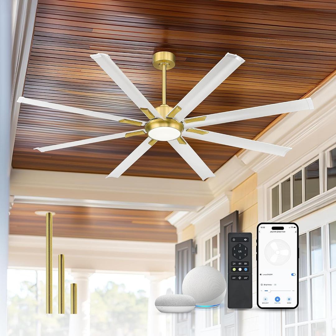 72 Inch White & Gold Ceiling Fan,Smart Ceiling Fan with Voice Control,Large Ceiling Fan With 8 Aluminium Metal Blades,CF04BGW-72