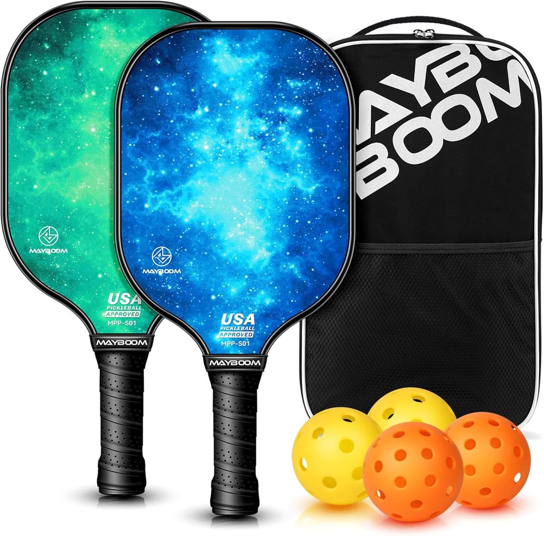 Mayboom Pickleball Paddles Set of 2 or 4, USAPA Approved Pickleball Set with 4 Pickleball Balls and Pickleball Bag, Fiberglass Pickle Ball Rackets 2 Pack for Beginner (Bule&Green)