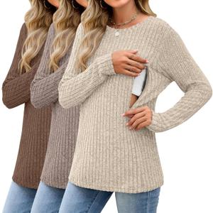 3 Pack Women's Nursing Tops Breastfeeding Shirts Long Sleeve Maternity Ribbed Sweaters with Hidden Zipper (Medium, Brown, Coffee, Apricot)