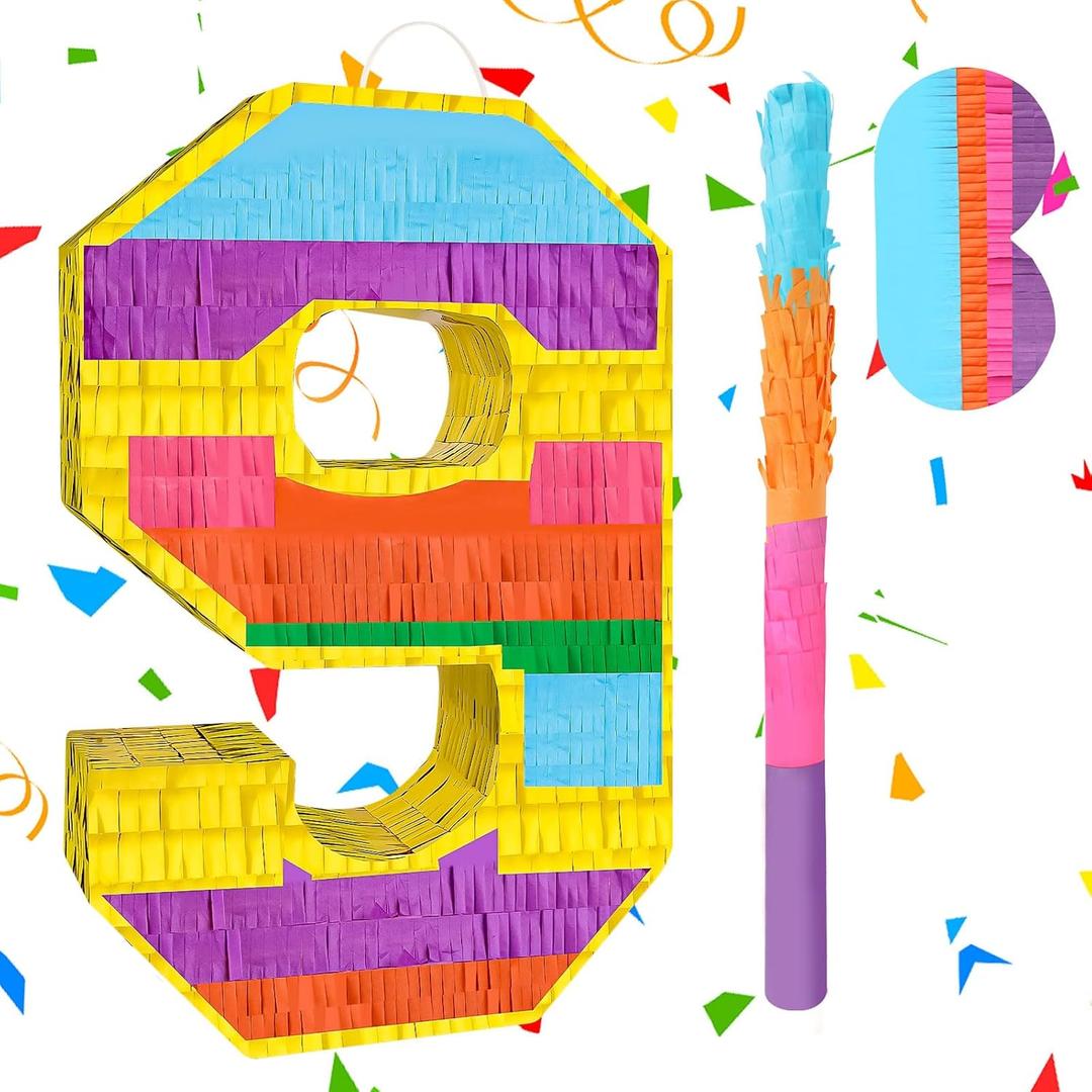 Rainbow Number 9 Pinata with a Blindfold and Bat for Boys Girls 9th Birthday Party, Kids Anniversary Celebration, Fiesta Supplies (16.1 x 10.6 x 3.2 Inches)