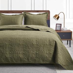 Love's cabin Quilts for Queen Bed Green Bedspreads Bedding Set - Summer Quilt Lightweight Microfiber Bedspread - Coin Pattern Bedding Coverlet for All Season - 3 Piece (1 Quilt, 2 Pillow Shams) (Full/Queen (90"x96"))