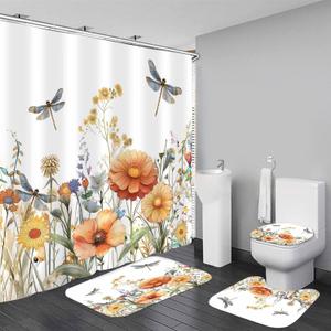 DDQQ 4Pcs Spring Dragonfly Shower Curtain Set Yellow Flower Bathroom Sets with Rugs, Green Leaf Bathroom Shower Curtain Set with Carpet Bath Mat Toilet Rugs