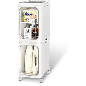 JOYZAN Narrow Bathroom Storage Cabinet with Movable Wheels, Slim Storage Cabinet with 2 Doors & Removable Panel, Skinny Bathroom Organizers and Storage for Small Space, Corner, Kitchen, Laundry