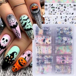 Halloween Nail Foils Transfers - Ghost Pumpkin Skull Bat Spider Web Black Cat Design, Gold & Holographic Foil Stickers for Nail Art, Manicure Decals for DIY Acrylic Nails, 10 Sheets