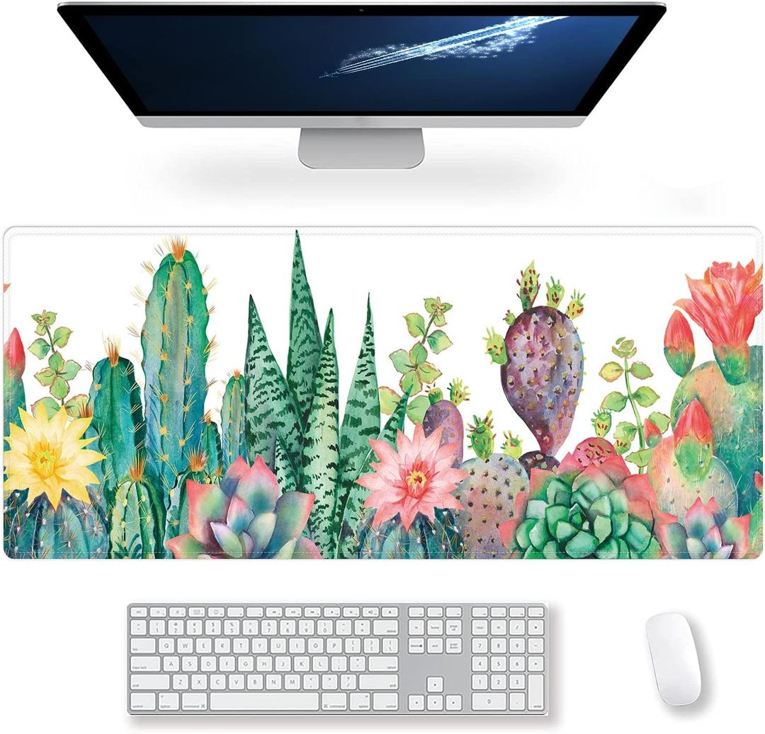 Extended Large Gaming Mouse Pad Watercolor Cactus XXL Size Keyboard Mouse Mat Desk Pad with Non Slip Rubber Base Stitched Edges Office Decor for Women Girls Men,35.4 x 15.7inch