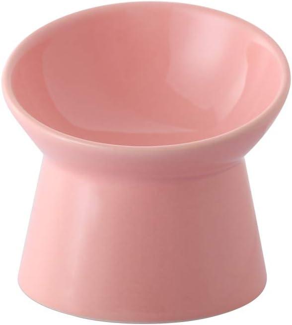 Pink Small Ceramic Raised Cat Bowls, Tilted Elevated Food or Water Bowls, Stress Free, Backflow Prevention, Dishwasher and Microwave Safe, Lead & Cadmium Free