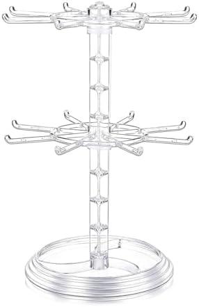 DEARMAMY Rotating Jewelry Stand, 2 Tier Necklace Holder Bracelet Hanging Organizer Keychain Jewelry Display Stand Plastic Jewelry Rack for Malls Counter Dressing Table (Clear)