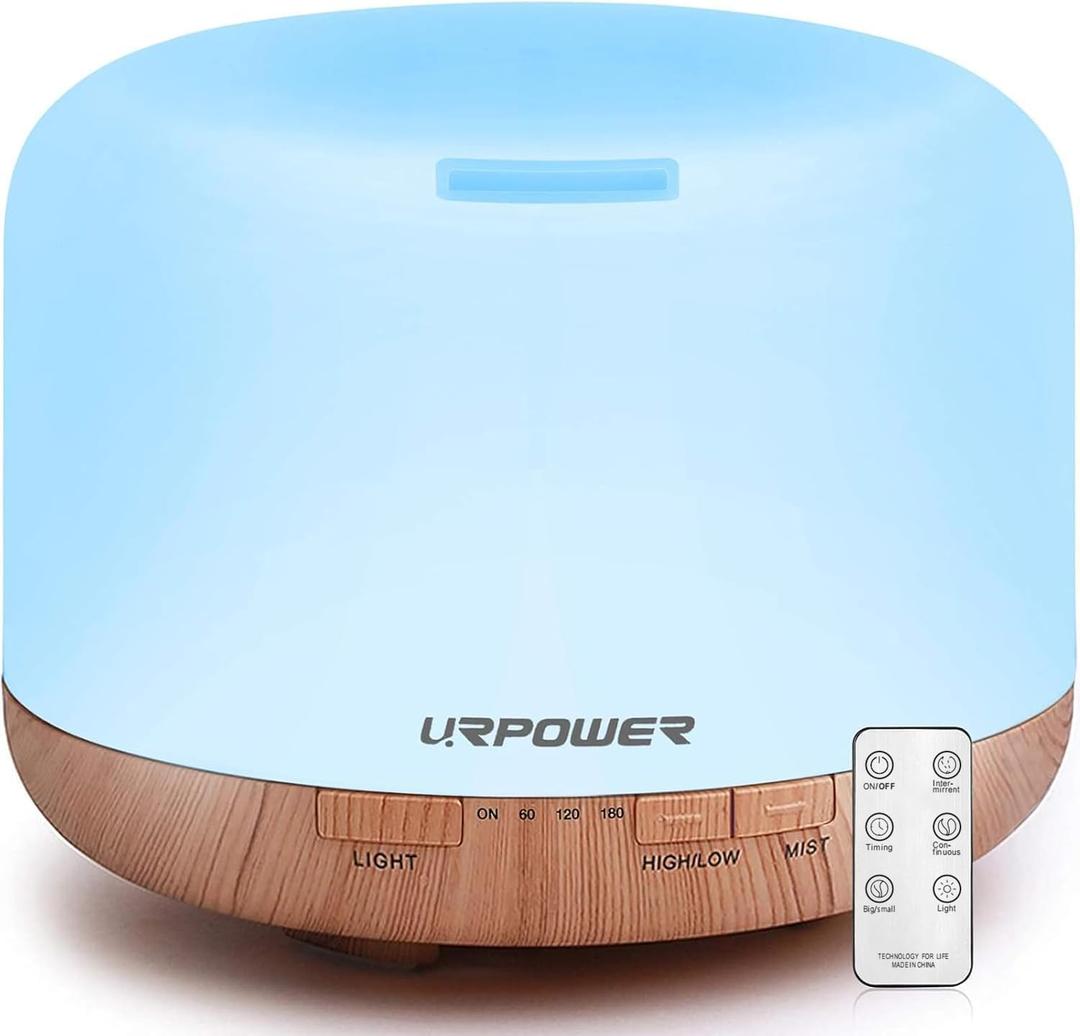 URPOWER 500ml Aromatherapy Essential Oil Diffuser Humidifier Room Decor Lighting with 4 Timer Settings, 7 LED Color Changing Lamp and Waterless Auto Shut-Off