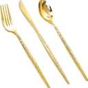 Rubtlamp 90 Pcs Gold Plastic Silverware - Gold Disposable Utensils - Hammered Plastic Silverware - Gold Plastic Forks And Spoons Set Include 30 Forks, 30 Knives And 30 Spoons for Party/Wedding