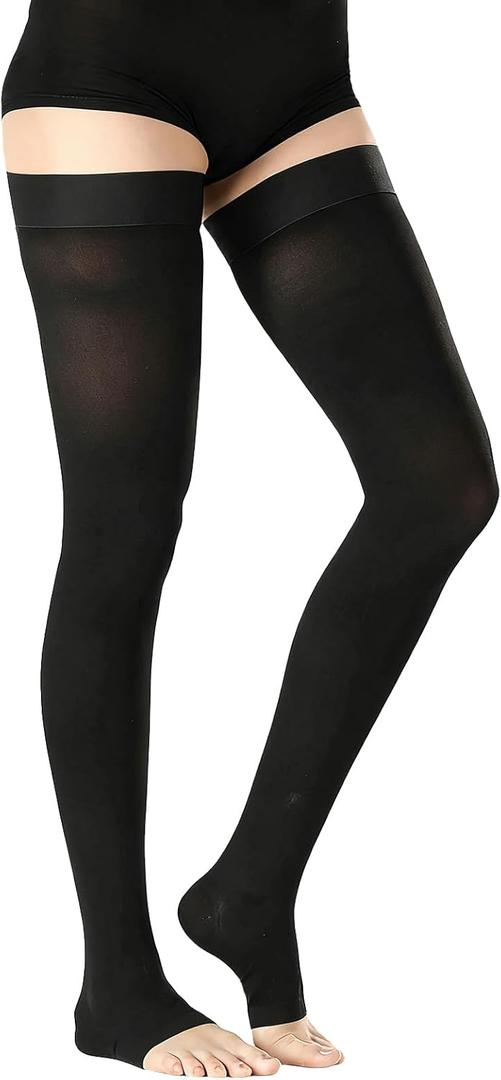 Thigh High Medical Compression Stockings For Women & Men,15-20 mmHg Thigh High Compression Socks,Firm Graduated Support Hose with Silicone Dot Band-Ideal for DVT,Varicose Veins,Edema,Swelling (Medium, Open Toe Black)