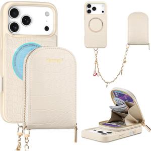 Hanman Magnetic Wallet Case for iPhone 17 Pro,RFID Blocking Leather Zipper Purse Magnetic Case with Chain Patche for iPhone 17 Pro,2 in 1 Detachable Magnetic Wallet Cover-Beige