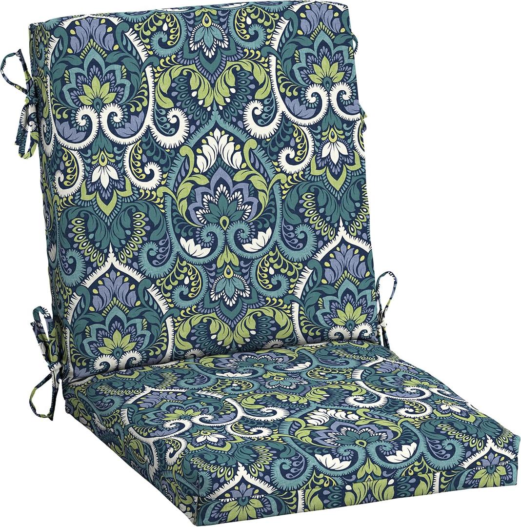 Arden Outdoor Midback Chair Cushion, 18 x 16.5, Water Repellent, Fade Resistant 18 x 16.5, Sapphire Aurora Blue Damask