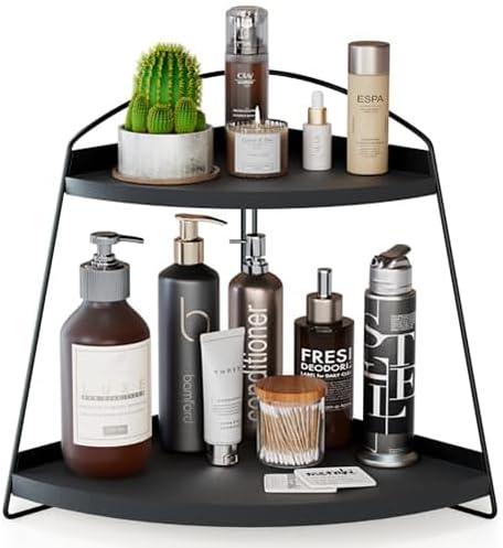 Puricon Bathroom Counter Organizer, 2 Tier Corner Countertop Storage Shelf Bathroom Sink Organizer, Wood Triangle Bathroom Organization for Skincare Kitchen Vanitity -Black