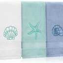 Hahafelt 3 Pack Coastal Hand Towels for Bathroom 100% Cotton Embroidered Beach Bathroom Towels 13.8 x 29.5'' Seashell Starfish Conch Blue Finger Towel Nautical Decorative Towel Gift for Summer Holiday (Classic)