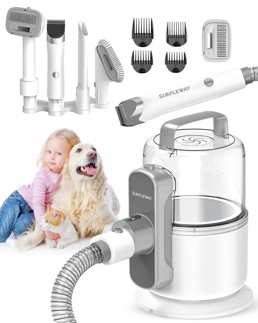 Dog Vacuum Grooming Kit for Shedding: Professional Hair Clippers Pet Groomer - Strong Suction Cleaner Deshedding Tool Fur Brush Attachment Trimmer for Home Cat (Pale White)