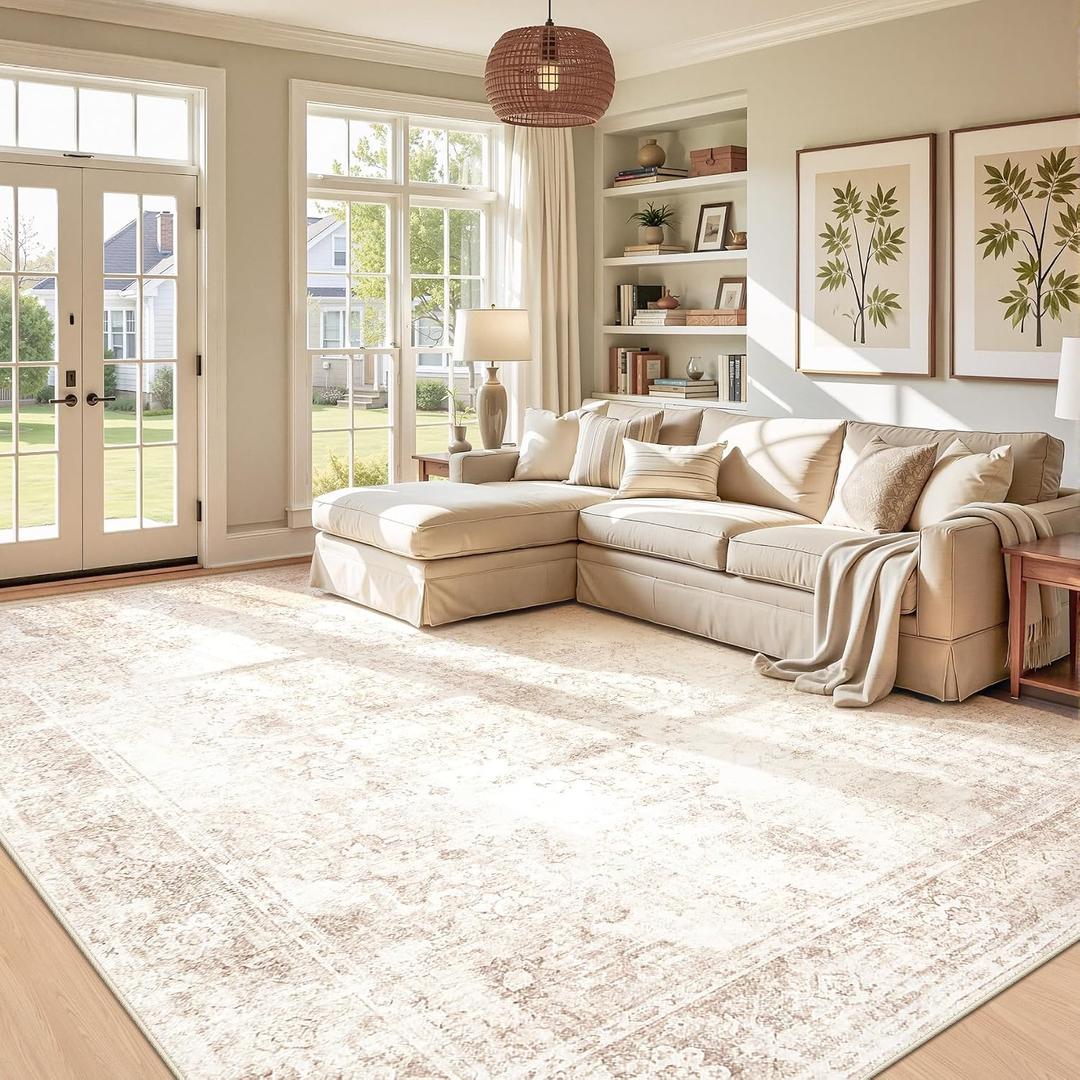 Area Rug 9x12 Vintage Rug: Large Washable Indoor Medallion Rugs Low Pile Distressed Floor Carpet Retro Accent Rug for Living Room Bedroom Kitchen Dining Table Home Office(Retro Beige, 9'x12')