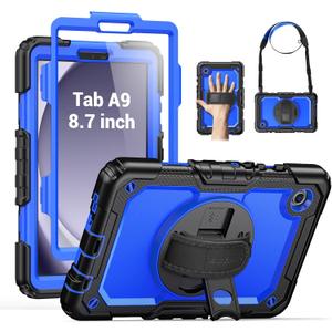 SEYMAC for Samsung Galaxy Tab A9 Case 8.7 Inch 2023 (SM-X110/X115/X117), Heavy Duty Shockproof Protective Case with Screen Protector, Rotating Stand, Hand/Shoulder Strap and Pen Holder, Blue